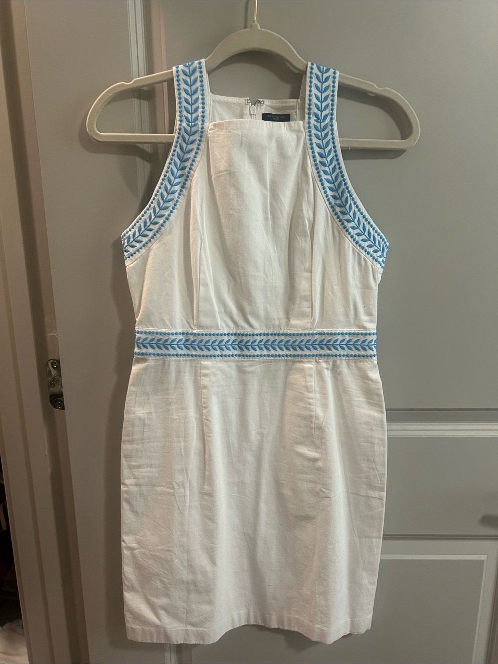Ann Taylor White Mini Dress with Light Blue Embroidered Trim